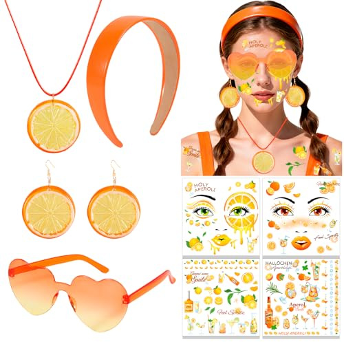 HOWAF Aperol Kostüm Damen, Haarreif, Orange Ohrringe, Halskette, Herz Sonnenbrille, Gesichtstattoo Aperol Tattoos für Karneval Kostüm Accessoires, Fasching, Faschingskostüme