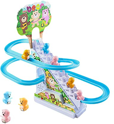 LeeQinersw Rutschbahn Spielzeug, Treppensteig Achterbahn Spielzeug, Elektrische Rennstrecke, Spielzeugfahrzeug Spielset mit Licht Und Musik für Kinder, Geeignet, 9 Bären