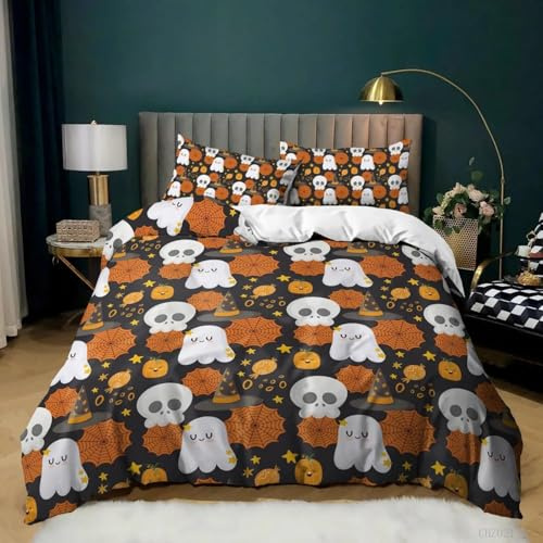 Mlukqail Halloween-bettwäscheset Mit Totenkopf- Und Geistermotiv, Bettbezug Für Bett, Schlafzimmer, Dekoration, Bettbezug Und 2 Kissenbezüge, Skull Ghost Candy, Single 135x200cm