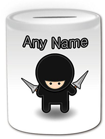 Personalisiertes Geschenk – Ninja mit Seil Dart Spardose (Märchen Design Thema, weiß) – alle Nachricht/Name auf Ihre einzigartige