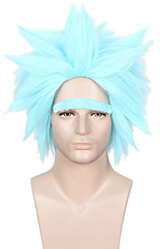 Linfairy Short Blue Wig & Fake Eyebrow Halloween Costume Fuzzy Funny Wig for Men