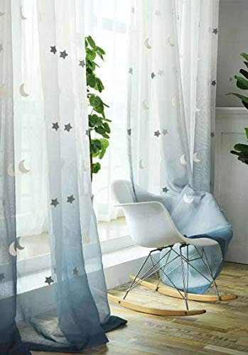 Lactraum Gardine Kinderzimmer Mädchen Junge Tranparent Bestickt Stern Mond Voile blau Gradient mit Universalband 200 x 245 cm (BxH)