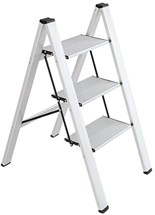 Hershii Aluminiumleiter 3 Stufen Silber rutschfeste Stehleiter Hockerleiter Tritthocker Bürohocker Sicherheits-Stehleiter,Schmale Trittleiter,rutschfesten Füßen Beladung bis 100kg,Faltbare Breite 5cm
