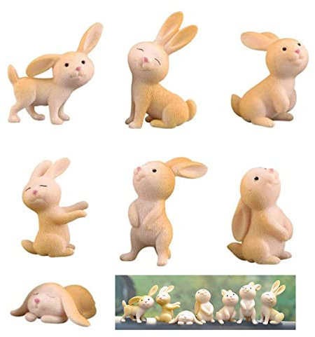 XiXiRan Osterhase Kaninchen, Miniatur Kaninchen Figur, Mini Osterhasen Figuren Deko, Häschen Osterdeko, Mini Hase Deko Harz, Osterhase Desktop Ornamente, Miniatur-Landschaft Kaninchen (7 pcs)