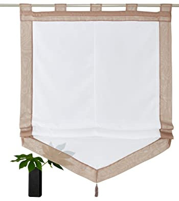 Devola Voile transparent Scheibengardinen mit zweifarbigen Design mit Quaste Fenster Gardinen Panneaux mit Tunnelzug Gardine HxB 140x45cm Sand 1er Pack
