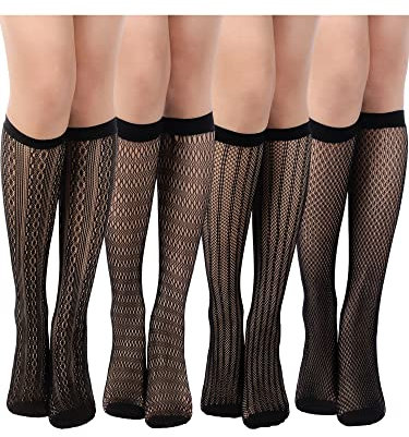 Geyoga 4 Pares Medias de Rejilla hasta Rodilla Calcetines de Pantorrilla de Encaje para Mujer (Estilo Fresco, Talla Única)