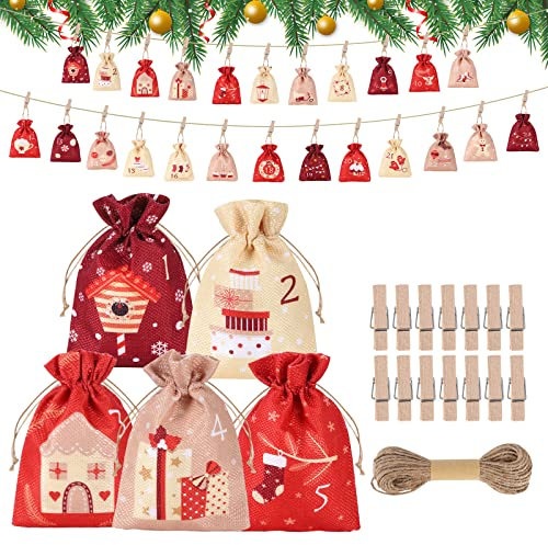24 Adventskalender Zum Befüllen 24 Geschenk Säckchen Mini-Holzklammern und 10m Jute Hanfseile Geschenkbeutel Adventskalender 2022 Weihnachtskalender tüten Geschenkbeutel