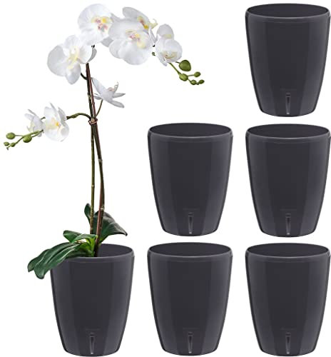 SANTINO 6er-Set Selbstbewässernder Topf mit Dochtsystem und Wasserstandsanzeige für den Innenbereich, Orchideentopf D 15cm (Anthracite - 2L)