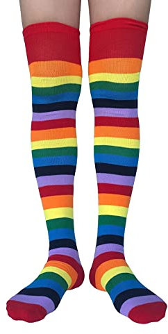 AUSUAYA Oberschenkelhohe Socken für Damen, gestreift, extra lang, Overknee-Strümpfe, Baumwolle, für Cosplay und Gothic-Beinwärmer GB-LW-3, Regenbogenfarben/gestreift, Einheitsgröße