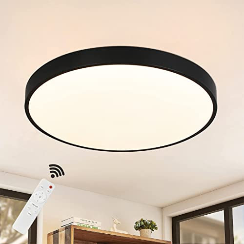 LED Deckenlampe Schwarz Runde Klassisch Metall Wohnzimmerlampe Dimmbar Büro Deckenleuchte Badlampe Modern Acryl Flach Panel Küchenlampe mit Fernbedienung für Esszimmer Schlafzimmer Badzimmer (80cm)