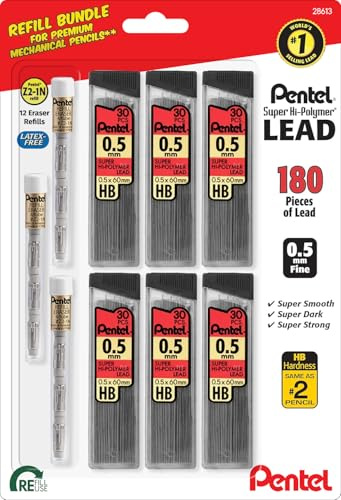 Pentel Super Hi-Polymer HB 0.5 mm Lead Refill Pack - 6 Packs of 30 Leads & 3 Packs of 4 Latex-Free White Erasers - Mechanical Pencil Refills | 6 Packs of 30 Leads & 3 Packs of 4 Latex-Free White Erasers, Mechanical Pencil Refills