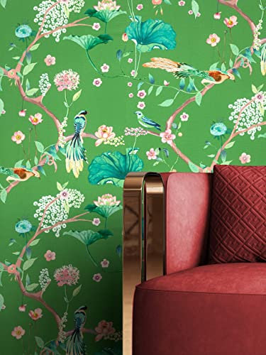 NEWROOM Tapete Grün Vliestapete Blumen - Blütentapete Floral Blau Rose Vögel Zweige Blumentapete Asiatisch Naturtapete Mustertapete inkl. Tapezier-Ratgeber