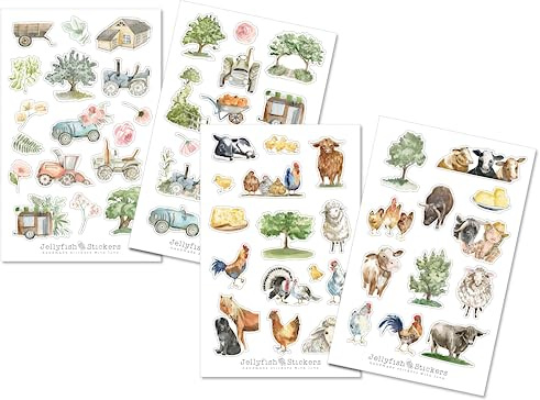 Bauernhof Sticker Set - Journal Sticker, Sticker Tiere, Pflanzen, Bäume, Kühe, Schafe, Hühner, Natur, Landleben, Land, Blumen