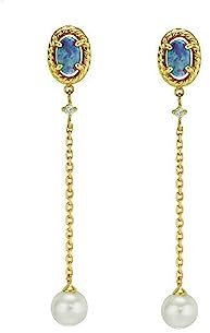 KnSam 14K Au585 Gelbgold Ohrringe Echtes, Anhänger Kette Ohrhänger mit Opal - Bunt & Oval, 585 Gold Ohrstecker Damen Klein Süßwasserperlen für Frauen, Gold