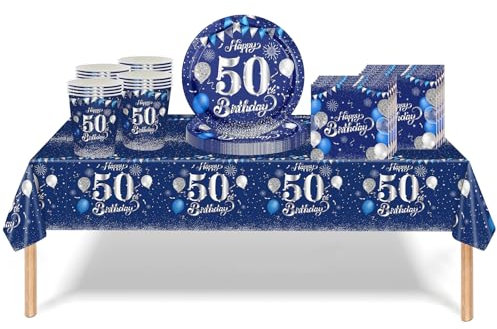 53Pcs Navy Blue and Sliver 50th Birthday Party Tableware Decorations,50th Birthday Table Cloth Plates and Napkins Cups Sets for Women Him Men Birthday Table Decor for 50th Birthday Gifts Dinnerware
