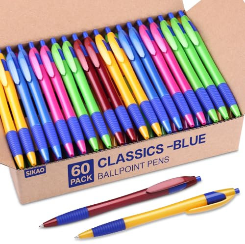 Sikao Kugelschreiber, blaue Stifte, 60 Stück, griffige, schlanke Druckstifte, Multipack, blaue Tinte, mittlere Spitze, 1,0 mm, glattes Schreiben, Kugelschreiber, Schule, Büro, Box mit Stiften