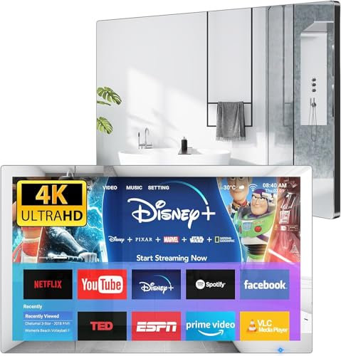 Haocrown 32 Inch 4K Bathroom TV Waterproof Smart Mirror Television, 4K Ultra HD, Freeview Play, Prime Video, Netflix, Voice Control, HDMI x2, Bluetooth, Airplay (Black Frame)
