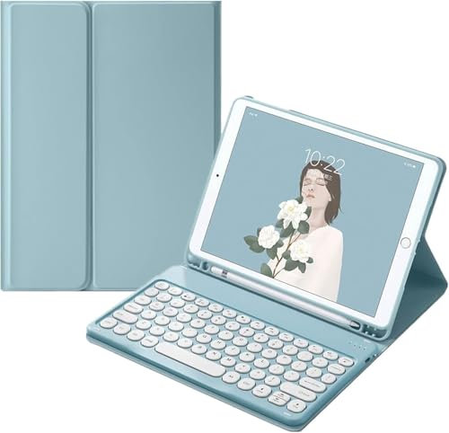 NUWONAYA Keyboard Case for Galaxy Tab A9 Plus 5G 11 Inch, Slim Round Key Cute Candy Color Stand Cover with S Pen Holder, Magnetic Detachable Wireless Keyboard,Mist Blue