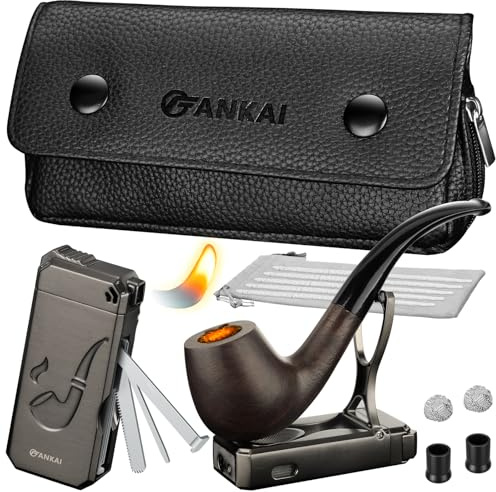 Pipe Set, Pipe Lighter, Pipe Pouch, Wood Pipe with 2 Filter Balls,2 Pipe Bits,5 Pipe Cleaners, Refillable Butane Lighter with Stand, 3 in 1 Cleaning Tools, Pipe Bag for 2 Pipes, Pipe Gift Set (Black)