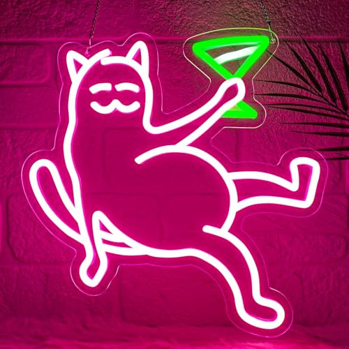 Lxmoneon Drinking Cat Neon Sign Martini Cat Neon Light Dimmable Pink Animal Led Neon Signs for Wall Decor USB Bar Led Sign for Bedroom Kitchen Home Drink Bar Decor Club Pub Man Cave Party Gift