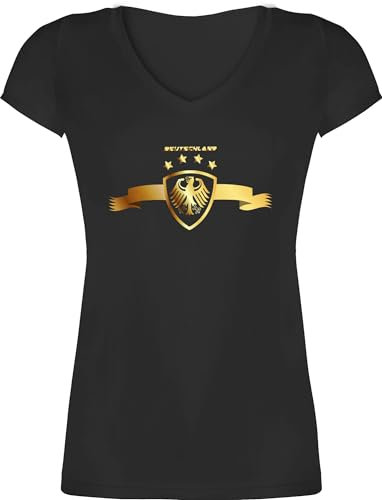 T-Shirt Damen V Ausschnitt - Fußball EM WM - Deutschland Adler Germany - S - Schwarz - Deutschland-t-Shirt fußball-Fanartikel Europameisterschaft deutsche Shirts deutschlandtrikots fußballtrikot