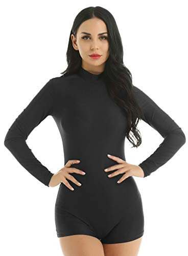 MSemis Damen Body mit Bein Langarm Body Stehkragen Top Gymnastikanzug Elastische Sport Turnbody Ballettanzug Tanz-Body Leotards Schwarz XL