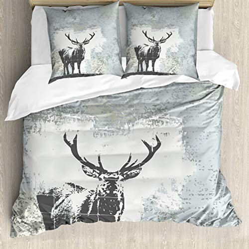 ABAKUHAUS Geweih Bettbezugs Set Für Doppelbetten, Hirsch Silhouette Grunge, Milbensicher Allergiker geeignet mit Kissenbezügen, Grau schwarz