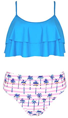 SHEKINI Maillots de Bain Deux Pièces Filles Imprimé Volants Réglable Halter Bikini Top Tankini Set Filles 2 Pièces Triangle Bas de Bikini de Plage pour 6-14 Ans(12-14 Years, Bleu Ciel/Fille)