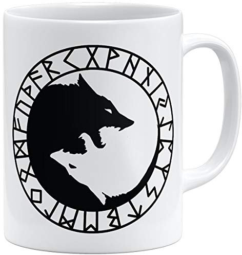 OM3® Runen-Yin-Yang-Wölfe Kaffee-Tasse - Keramik Becher - 11oz 325ml - Vikings Wolves Wikinger Symbol Logo Nordic Warrior - Weiss