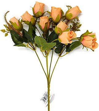 Mini Artificial Rose Bud Flower Bush & Mixed Foliage - Choice of Colour (Peach)