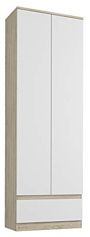 Framire B-4 Kleiderschrank in Sonoma Eiche mit weißen Fronten, 2-türiger Kleiderschrank, 1 Schublade, 4 Regale, Kleiderschrank für das Schlafzimmer, Wohnzimmer, Flur, 180 x 60 x 35 cm