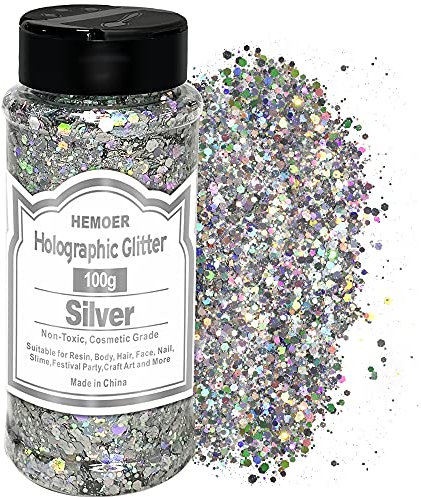 HEMOER Holographic Chunky Glitter, 100g Silver Chunky Sequins Glitter, Cosmetic Craft Glitters for Resin, Face, Nail, Body, Crafts, Slime Festival Party Art and More-3.52oz/Bottle