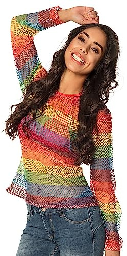 Boland Unisex Erwaschene - Fisch-Netz Shirt, Verschiedene Größen, Sexy Oberteil, Disco, Party, Kostüm, Karneval, Mottoparty, Regenbogen, M-L EU