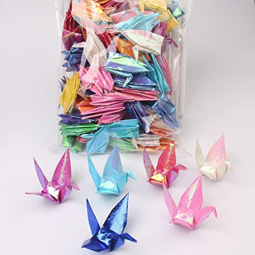 100 Stück irisierende, vorgefertigte Origami-Papierkrane, gefaltet, 1000 japanische Krane, DIY-Vögel, mobile Schnur-Girlande für Hochzeit, Party, Hintergrund, Dekorationen (mehrfarbig, 10 cm)