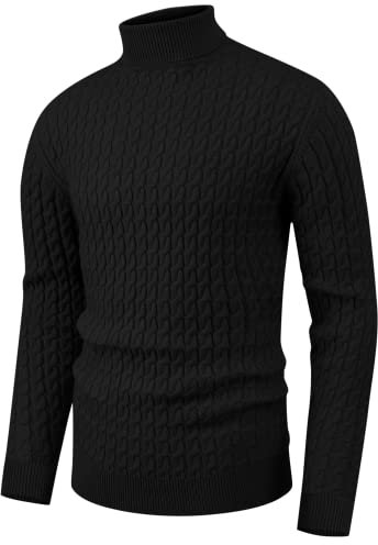 Hisir Mens Jumper Turtle Neck Tops Twisted Knitted Pullover Winter Slim Fit Long Sleeve Sweater Solid Colour Basic Warm Jumpers (01 Black, L)