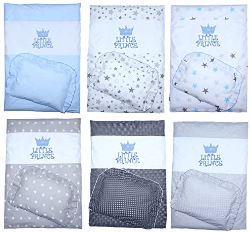 Primawela Kinderwagenset Baby Kind - Prince - Bettwäsche für Kinderwagen Kinderwagendecke mit Kissen Decke (2 teilig, Punkten Grau)