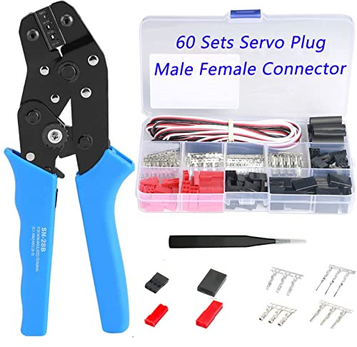 60 Sets JST Servo Connector Kits Plug Male Female Crimp Pin Cable with SN-28B Dupont Crimping Tool 0.1-1.0mm ²(AWG28-18) Compatible JST SYP servo Wire Cable for RC Car Hitec Spektrum Model Airplanes