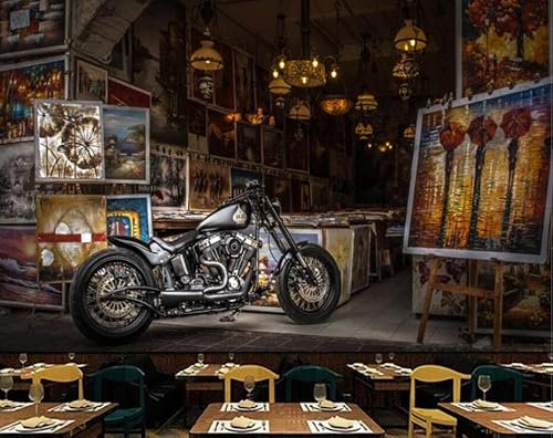 3D-Wandbilder Tapete für Wohnzimmer nostalgische Retro-Straßenansicht Motorrad Fototapete*250cmx175cm(98.4x68.9inch)