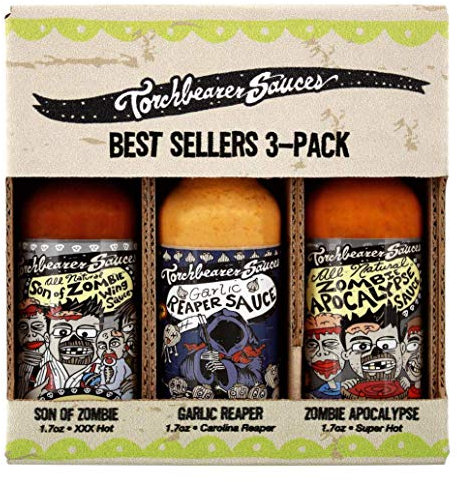 Torchbearer Sauces Best-Sellers 3 Pack Mini Hot Sauce Gift Set, 3x 50 ml (1.7 Oz) - Zombie Apocalypse, Garlic Reaper, Son of Zombie