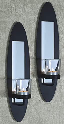 Novaliv 2X Wandkerzenhalter aus Metall mit Glas 6,5 x 9 x 36 cm Schwarz Kerzenhalter Wand Teelichterhalter Deko Wohnzimmer Dekoration Wanddeko Vintage Deko Teelicht Wandhalter