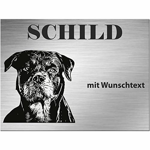 INDIGOS UG - Schilder selbst gestalten Rottweiler - Wunschtext personalisiert - Aluverbundplatte Edelstahllook - ab 20x15 cm - Spruch - Deko Geschenkidee für Ihren Hund - Zaun - Türschild
