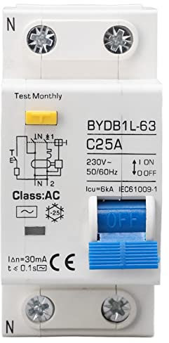Fi Schutzschalter AC 230V 30mA C25 1P+N Leitungsschutzschalter Hutschiene Auslaufschutz Überlastschutz Fehlerstromschutzschalter FI/LS Schalter Sicherungsautomat