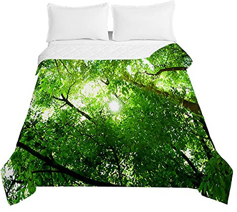 Odot Steppdecke Tagesdecke Wald Landschaft Druck Gesteppte Bettüberwurf für Doppelbett Einzelbett Kinder Bettdecke Stepp Decke Tagesdecken Wohndecke Alle Jahreszeiten (150x200cm,Sonnenlicht)
