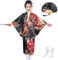 KRUIHAN Japanese Style Girls Traditional Kimono Kids Yukata Robe Satin Dressing Gown Kids Cosplay Costumes Party Dress,with Folding Fan and Tabi Socks,Style B,Black,150