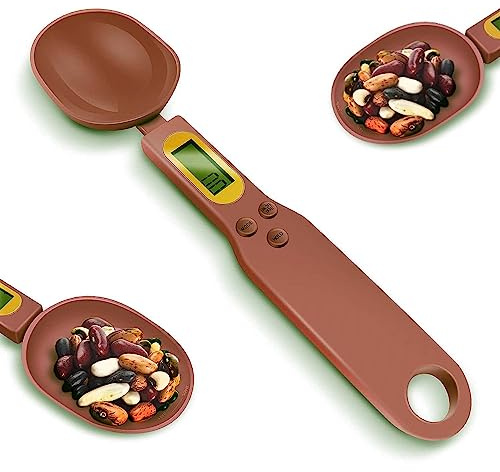 Digital Kitchen Weighing Spoon Scale, LCD Display, 0.1g - 500g, ml Marking Spoon Head,Precise Measurement for Spices, Herbs, Baby Food, Cooking & Medicinal Ingredients. Handy Baking Tool,Gift (Brown)