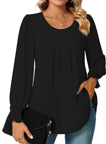 Bestbee Womens Long Sleeve Tunic Tops Dressy Chiffon Blouses Crew-Neck Smocked Cuffs Sleeve Shirts Casual T-Shirts Ladies Pleated Tops, Black, M
