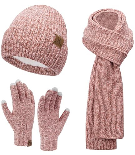 ZASFOU Damen Winter Mütze Schal Touchscreen Handschuhe Set Thermo Beanie Wintermütze Strickmütze Schlauchschal Winterhandschuhe Geschenk für Frauen
