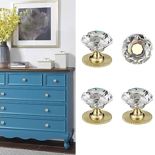 Elistonie Crystal Self Adhesive Handles for Mirror Cabinet, Dresser Drawer & Cupboard - 40mm Diamond Shaped Glass Knobs (4pcs, Clear & Gold)