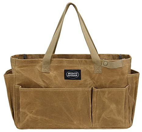 MYDAYS OUTDOOR Portable Garden Camping Tool Storage Bag,Waxed Canvas Firewood Carrier Tote Bag,Collapsible Sturdy Garden Basket Great for Women, Gardener, Electrician, Repairer (Khaki)