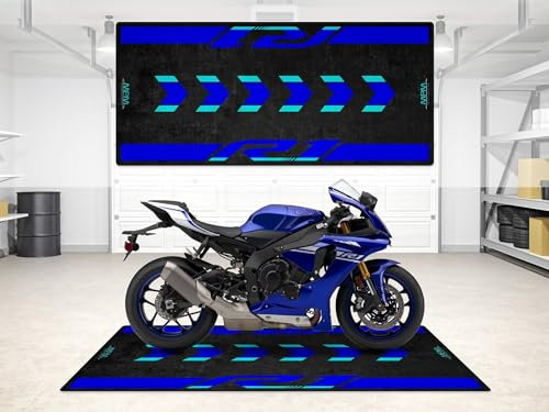 wibeart MPM Motorradmatte für R1 – waschbare, rutschfeste, öl- und wasserfeste Parkmatte für Garage, Ausstellungsraum und Werkstatt | Symbol Blau - Größe 1: 86.6 x 39.4/220 x 100 cm